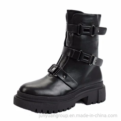 Preço de fábrica Inverno Novo Design Moda Feminina de Couro Preto Botas de Dedo do Pé Redondo Tornozelo Plana Chelsea para Senhoras