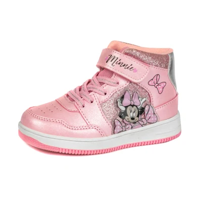 Sapatos de tênis, sapatos esportivos infantis, sapatos femininos, corte alto, rosa, cabedal de PU, estilo de cadarço de velcro + PU, sola TPR de cimento