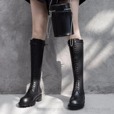 2022 Inverno Novo Design Clássico Preto Joelho com Cadarço Plataforma de Couro Genuíno Bota Martin Plana Botas Femininas para Senhoras Botas Longas