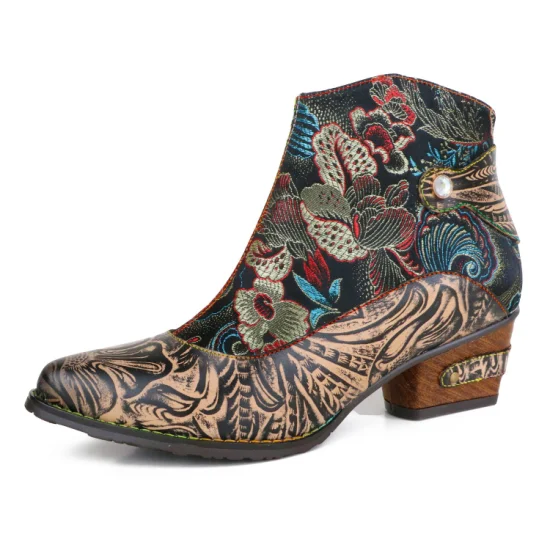 Sapatos femininos de couro com estampa floral bordados no tornozelo botas boêmias de salto baixo confortáveis